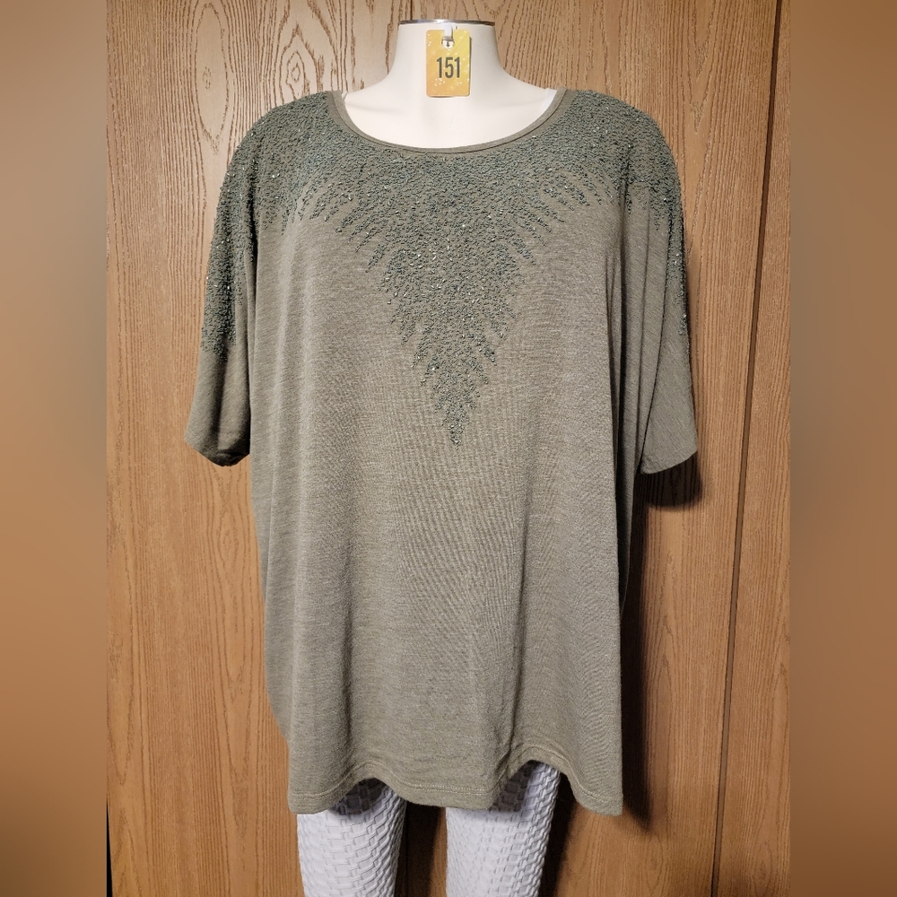 Fashion Bug Green Beaded Dress Shirt 4XL